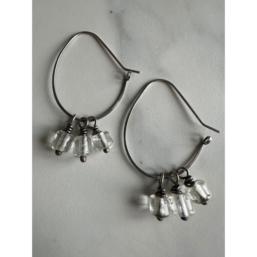 Artisan Sterling Silver Teardrop Hoop Earrings Clear Wire Glass Beads Boho